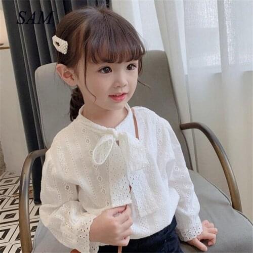 2020 Baby Girl Blouse Hollow Bowknot Cotton Long Sleeve White Shirts For Girl Children Clothing Spring Girls Basic Blouses Tops