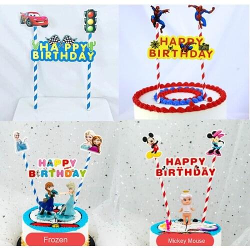 Disney Mickey Minnie Frozen Spiderman Happy Birthday Cake Topper Cake Flag Wedding Party Cupcake Decoration Baby Shower Supplies