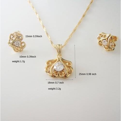 ForomanceYELLOW GOLD GP OVERLAY PLATED 18" WATER WAVE NECKLACE VIVID HEART SHAPE HIGH SHINNING CZ STONE PENDANT STUD EARRING SET