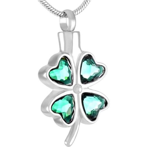 IJD8223 Stainless Steel Green Four Leaf Clover Cremation for Urn Ashes Memorial Pendant Necklace Jewelry