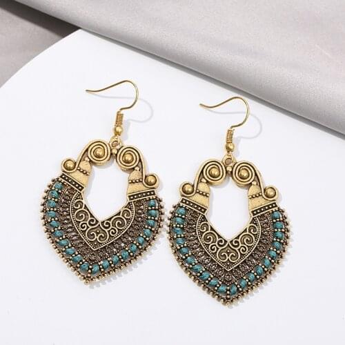 2020 Classic Gold Water Drop Carved Dangle Earrings Womens Indian Jewelry Retro Green Silk Jhumka Earrings