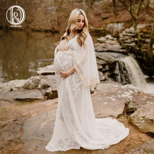 Don&Judy Boho V-neck Long Sleeve Lace Maternity Gown Photography Dress Party Dresses Baby Shower Photo Props for Photo Shoot