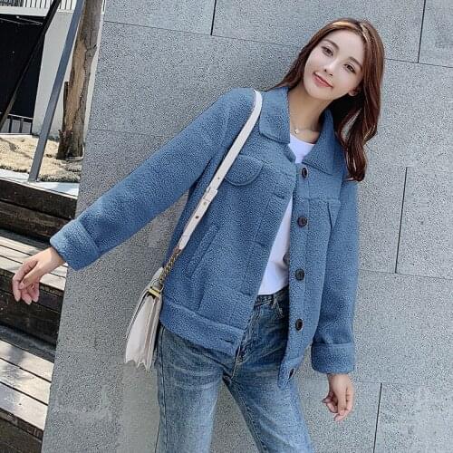 Female Jacket New Loose Casual Pockets Wool Streetwear England Button Winter Faux Fur Coat Women Fleece Fluffy Overcoat Harajuku