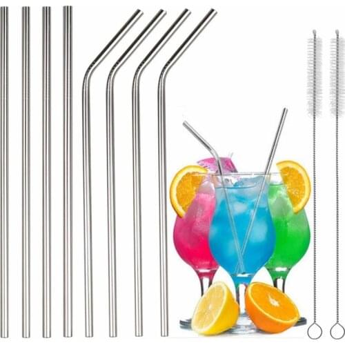 Reusable Stainless Steel Straws Set with Cleaner Brush Drinking Straight Bent Metal Straw Milk Drinkware Bar Party Accessory