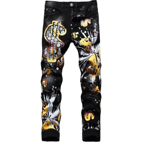 KIOVNO Men Hip Hop Painted Jeans Pants Ripped Washed Denim Trousers For Male Streetwear