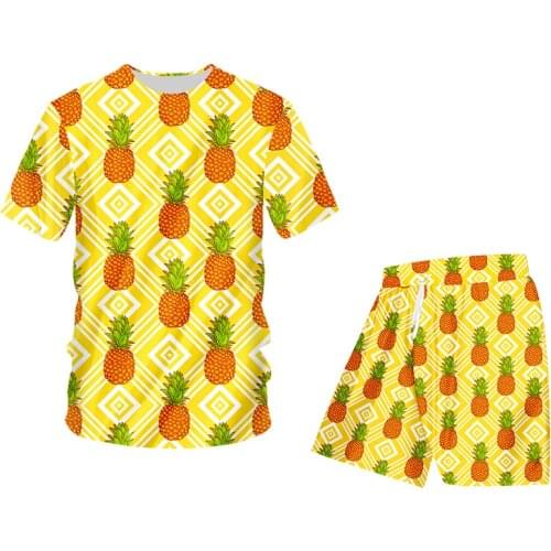 Summer Mens Set Orange Pineapple 3D Printing Tshirt And Shorts Two-piece Set Casual Cool Sports Beach Couple Clothing Tracksuit