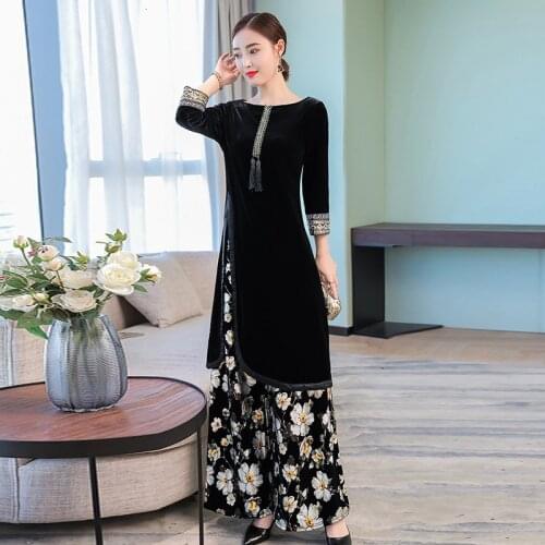 Autumn Muslim Women Wear Fashion Velvet Wide-leg Pants Two-piece Round Neck Seven-point Sleeve Dress Set Girls Islamic Clothing