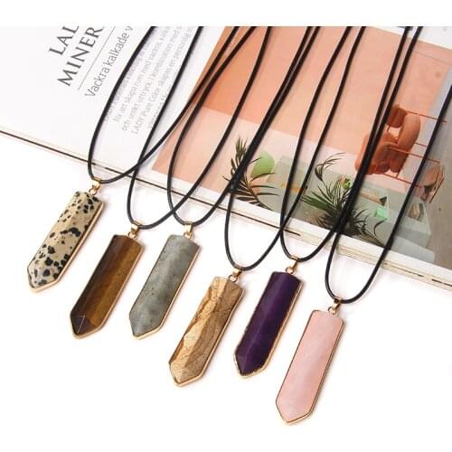 Natural Faceted Labradorite Stone Pendants Necklace For Women Trend Collar Men Black Leather Rope Chain Jewelry Necklaces Choker