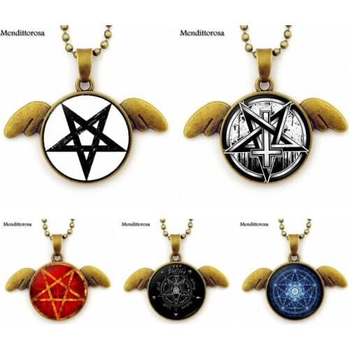 For Women Men Personality Pentagram Fashion Bronze Plated Glass Cabochon Statement Angel Wings Pendant Necklace