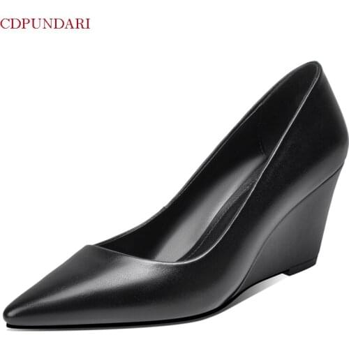 Sexy Pointed Toe Black Genuine Leather High Heels Pumps Ladies Shallow Wedges Party Shoes For Women