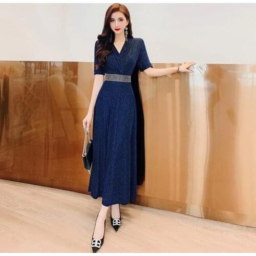 Light Mature Bright Silk Goddess Skirt Summer Dress 2021 New Female Slim, Elegant Thin V-neck Dress, Short-Sleeved Commuter