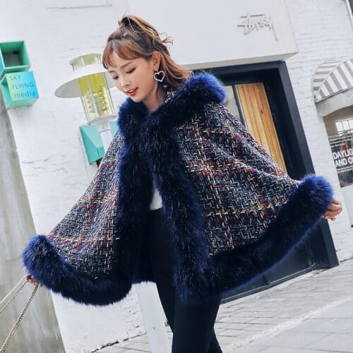 Tweed Jacket Winter Big Fur Collar Hooded Shawl Cloak Thick Warm Faux Fox Fur Coat Women Woolen Ponchos and Capes Female Outwear
