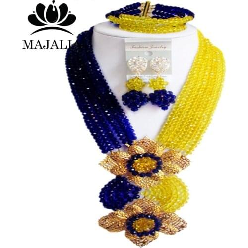 Nigerian wedding African beads jewelry set crystal blue and yellow necklace bracelet earrings A well-known brand Majalia Y-40