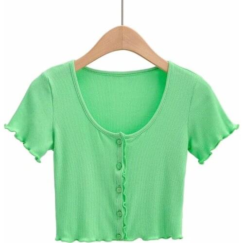 2021 Sexy V-Neck Button Short Y2k Indie All-Match Ribbed Short-Sleeve Streetwear Tee Tops T-Shirts Summer Solid Tops for Women