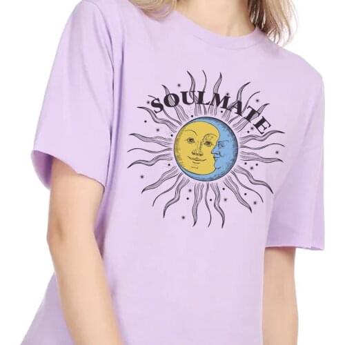 Sun Moon Print Female Vintage Aesthetic T Shirt Oversized Streetwear Tshirts Women Casual Celestial T-shirts Ladies Cute Tops