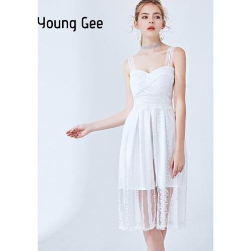 Young Gee White Cami Bandage Dress 2019 Summer Spaghetti Strap Sleeveless Mesh Embroidery Floral Women Party Dresses vestidos