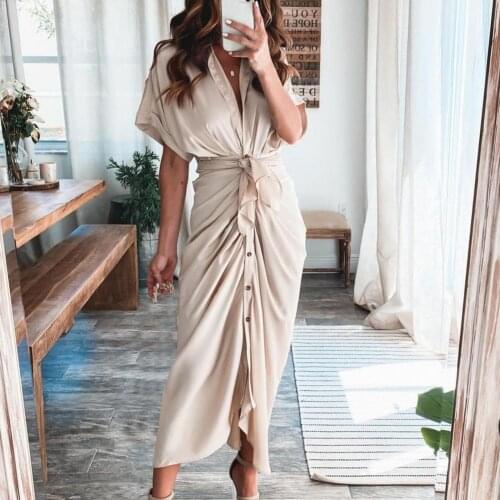 Office Lady Maxi Dress Turn Down Collar Ruched Solid Color Short Sleeve Buttons Belt Dress for Party