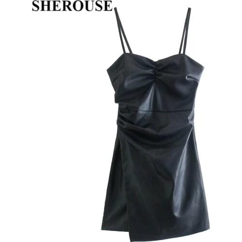 SHEROUSE Women Fashion Faux Leather Halter Dress Thin Straps Back Zipper High Street Draped PU Mini Dresses Woman Robe femme