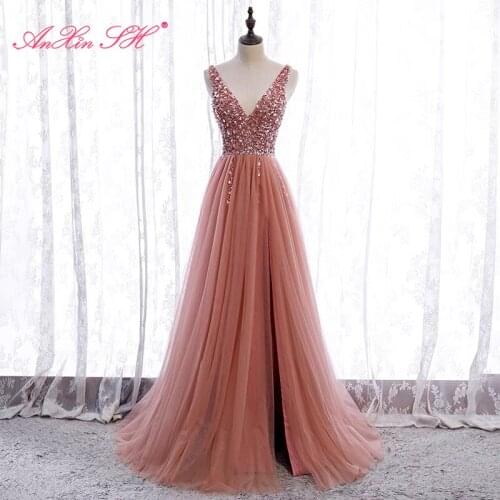 AnXin SH princess rose pink lace evening dress vintage party v neck beading crystal sparkly bride a line lace up evening dress