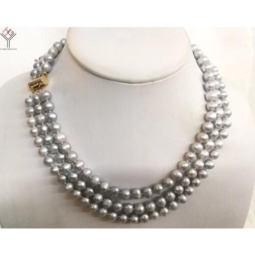 Women Jewelry necklace 7x8mm gray pearl handmade 3 rows full necklace natural freshwater cultured pearl
