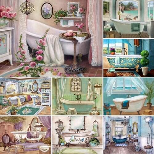 5D DIY Diamond Painting Landscape Bathroom Cross Stitch Kit Full Drill Embroidery Mosaic Art Picture of Rhinestones Decor Gift