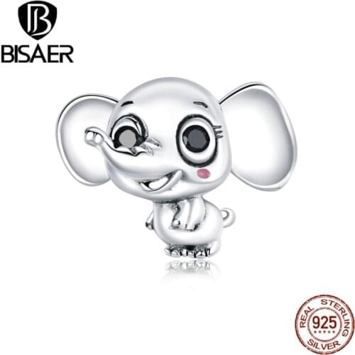 BISAER 100% 925 Sterling Silver Cute little Elephant Beads Animal Charms for Jewelry Making DIY Accessories Jewelry ECC1646