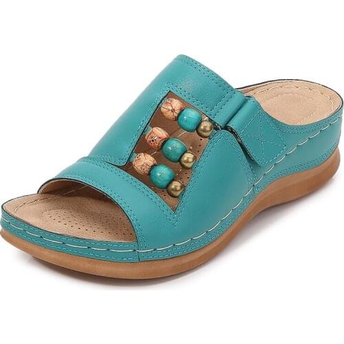 Bohemian Ladies Wedge Sandals Shoes Plus Size 40 42 43 Female High Heels Slippers Retro Beaded Women Slides Open Toe Roman Shoes