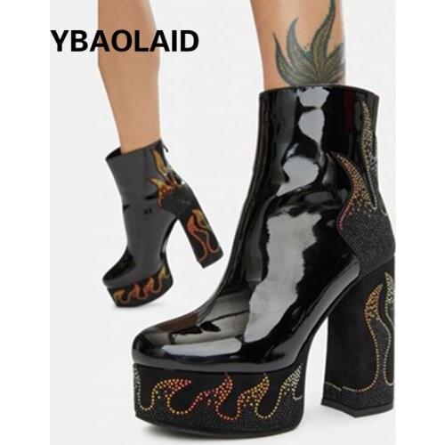 Waterproof Platform and Color Rhinestone Thick Heel Short Boots High Heel Martin Boots New Round Head Rear Zipper Fashion Boots