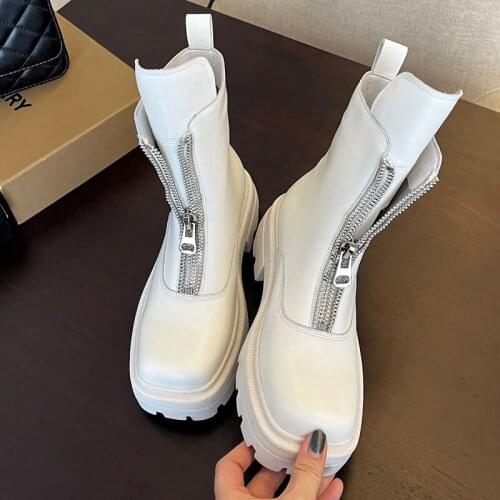 Platform Boots Shoes Woman Front Zipper White Genuine Leather Ankle Booties British Style Chelsea Boots Big Head Martin Boot