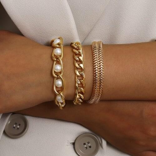 Punk Hip Hop Simulated Pearl Bracelets Bangles For Women Charms Chunky Multi Layered Chain Bracelet Vintage Fashion Jewelry