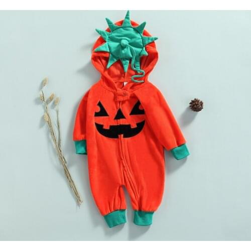 Emmababy Baby Pumpkin Hooded Romper, Long Sleeve Full Zippper Jumpsuit Halloween Costume Baby Clothes