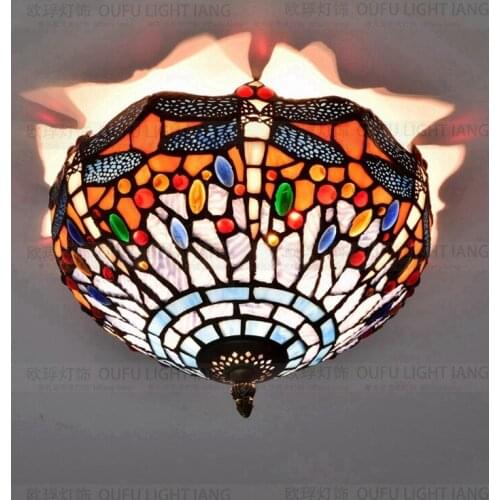 European style retro art glass personality decorative Blue Dragonfly ceiling light 27cm