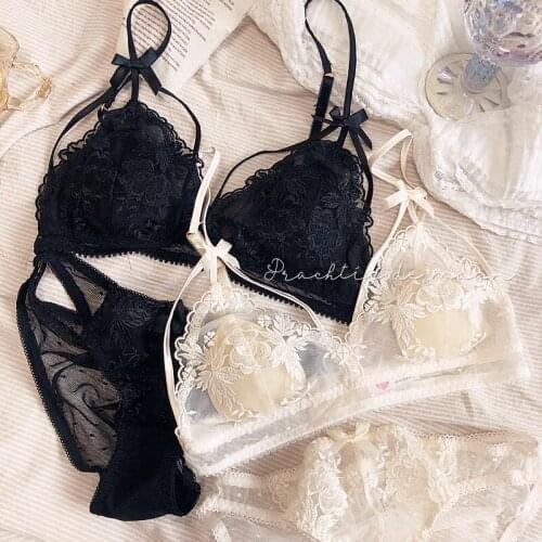 French Thin Small Cotton Women Sexy Sleepwear Embroidery Lace Triangle Cup Transparent Bra Set Crystal Small Bow Girls intimates