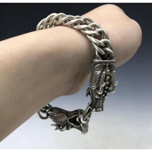Collection old China Tibet silver exquisite double dragon head bracelet