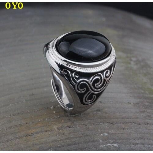 100% S925 Silver Handwear Korean Version Fashion Exaggerates Black agate Drop Rubber Open Ring for Men and Women