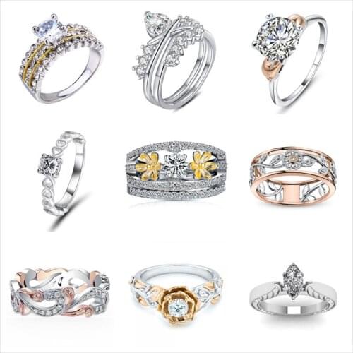 21 Types Romantic Couples Rings Wedding Bridal Bands Womens Wedding Ring Set Halo Cubic Zirconia Engagement Jewelry