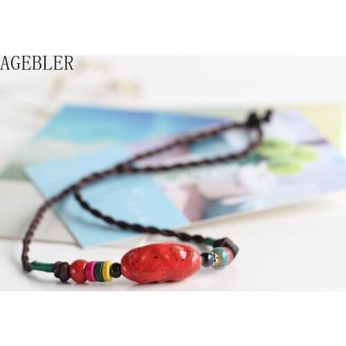Creative Vintage Style Womens Jewelry Ceramic Beads Necklace Red Color Rope Chain Fashion Handmade Gift for Femal