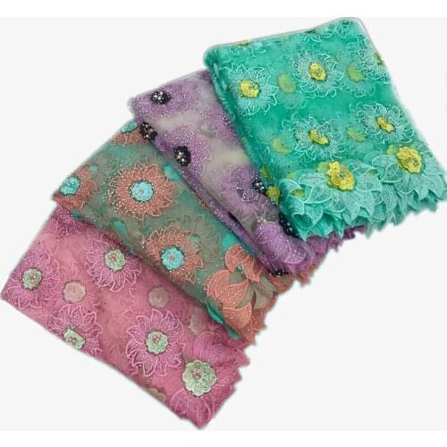 Fashion Embroidery Chiffon Flower Pattern Lace Fabric Mesh Material With Deads and Diamond For Woman Unique Dress Accessories