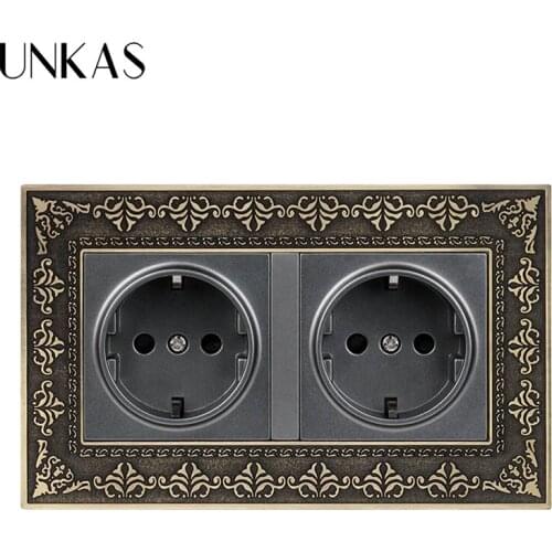 UNKAS 16A Double EU Standard Power Socket 4D Embossing Retro Zinc Alloy Panel Wall Power Socket AC 110~250V Gold Colorful