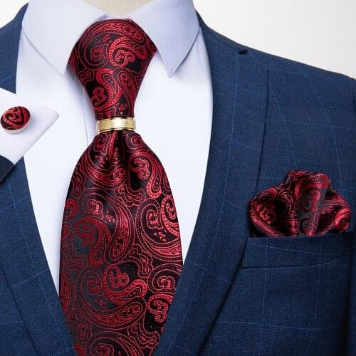 New Designer Red Paisley Black Mens Tie Wedding Bussiness Party Necktie Pocket Square Tie Ring Set Mens Gift Silk Tie DiBanGu