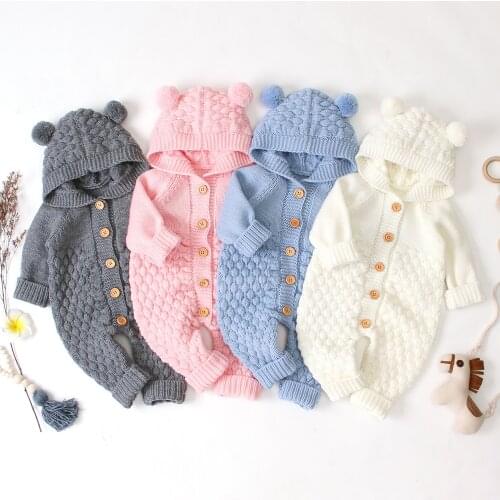 Newborn - 24M Baby Clothes Casual Baby Girl Romper Winter Boys Long Sleeve Solid With Hooded Knitted Warm Rompers ear Jumpsuits