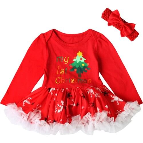 Newborn Infant Baby Girl Clothes Full Sleeves Christmas Trees Letter Print Dress+Headband 3 6 9 12 Months vestido niña