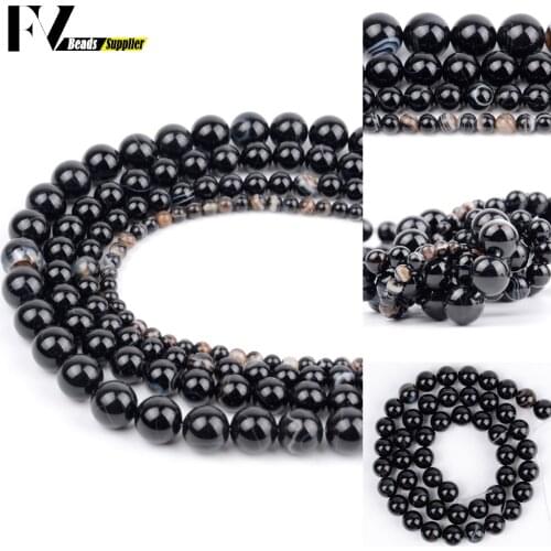 Wholesale 4/12mm Natural Black Stripe Agates Stone Loose Spacer Round Beads For Jewelry Making DIY Bracelets Necklace Needlework