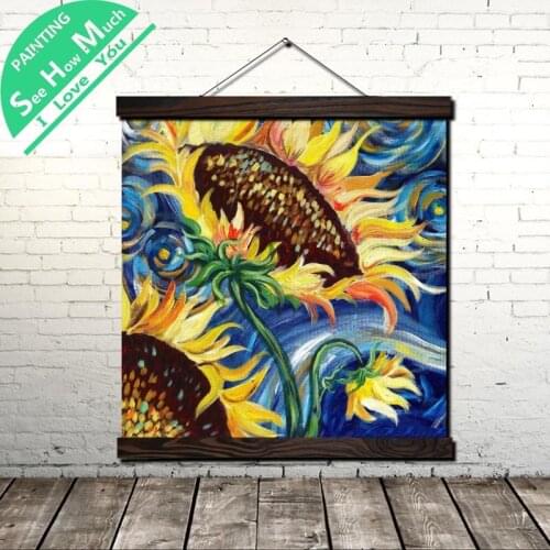 Wood Panel Original Sunflower Scroll Painting Canvas Vintage Poster and Prints Wall Art Picture Living Room Farmhouse Decoration