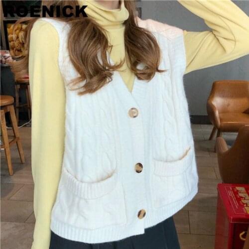 ROENICK Sweaters Vests Women Twist-knitting Pocket Solid V-neck Sweater Vest Womens Single Breasted Sleeveless Cardigans Korean