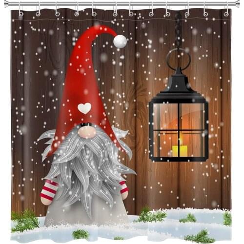 Merry Christmas Gnome Snowman Snowflakes Pine Leaves Goblin with Santa Hat in Winter Snow Shower Curtain