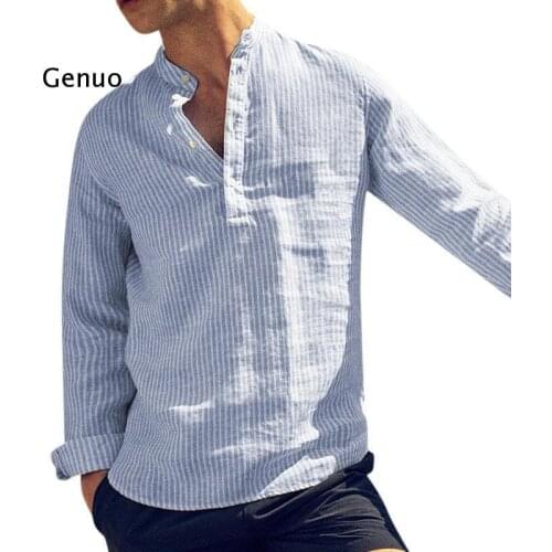 New Spring Mens Cotton Long Sleeve Shirts Striped Slim Fit Tops Fashion Male Shirt Streetwear Stand Collar Eu Size