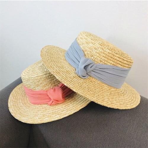 Wholesale New Tea Party Hat Classic Bow Raffia Hats Women Girls Flat Sun Hat Chinese Straw Hat Summer Cap Dropshipping Gorras