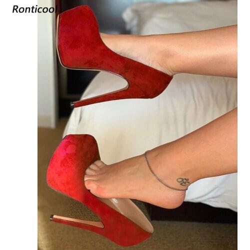 Ronticool Women Platform Pumps Faux Suede Sexy Stiletto Heels Round Toe Gorgeous Red Fuchsia Dress Shoes Women US Plus Size 5-20