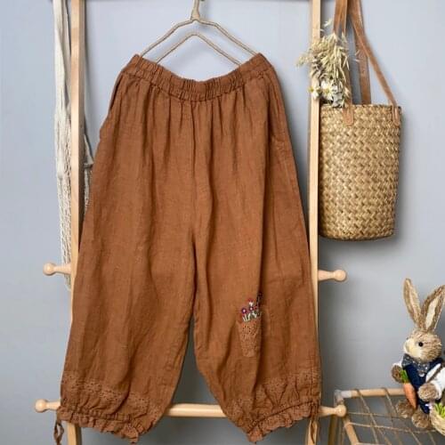 Japan Style Solid Color Linen Casual Pants Mori Girl Embroidered Lacing Womens Cropped Trousers